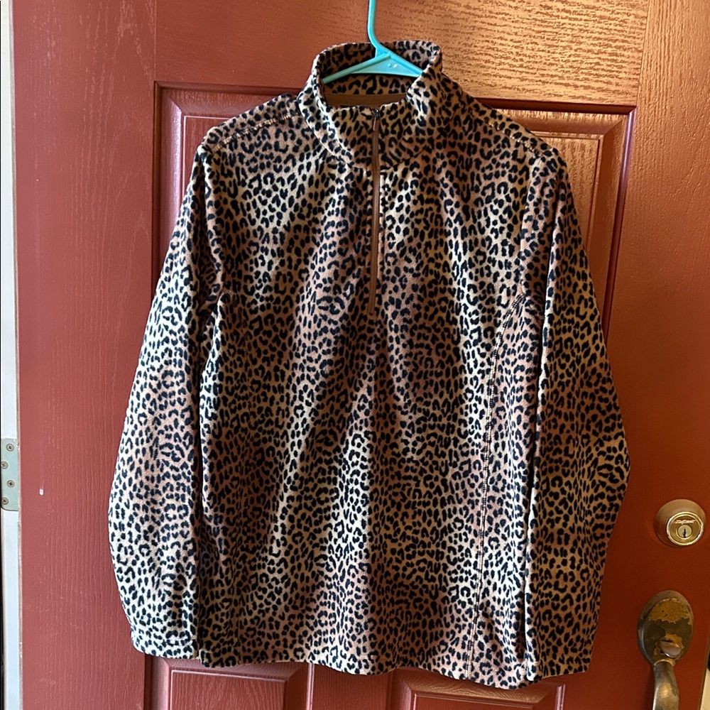 Lands’ End Leopard Print Fleece Quarterzip Pullover